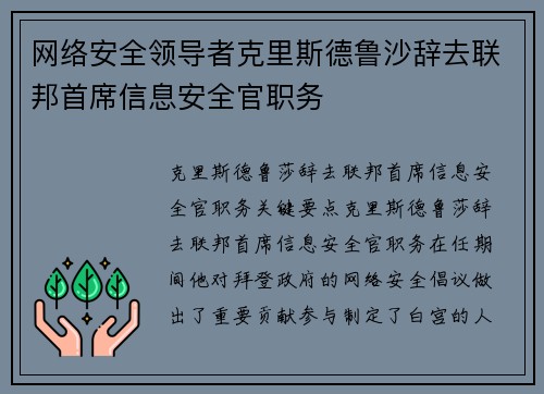 网络安全领导者克里斯德鲁沙辞去联邦首席信息安全官职务 